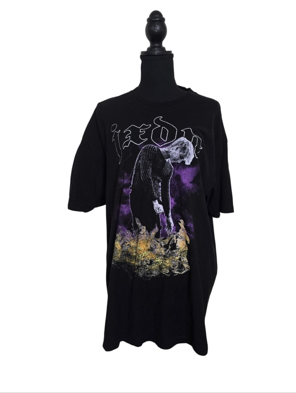 #K165 Black Graphic Band-Style Short Sleeve Shirt with Purple and Gold Print